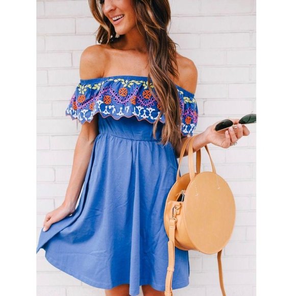 ASOS Embroidered Off Shoulder Mini Dress Blue 6 - Picture 4 of 9